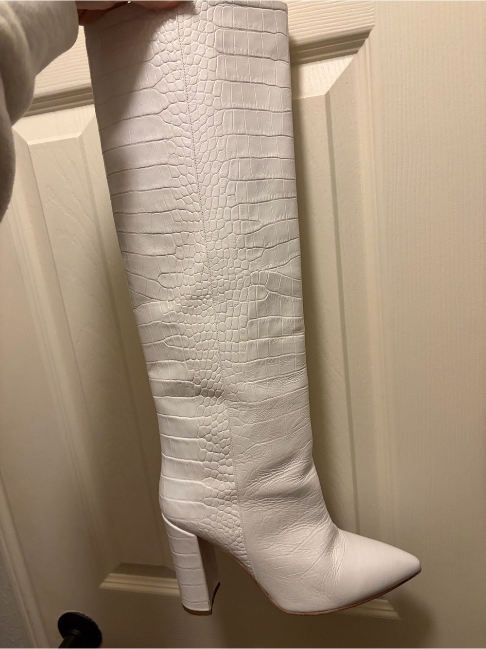 Paris Texas White Croc-Effect Over-the-Knee Block Heel Boots - Picture 3 of 10